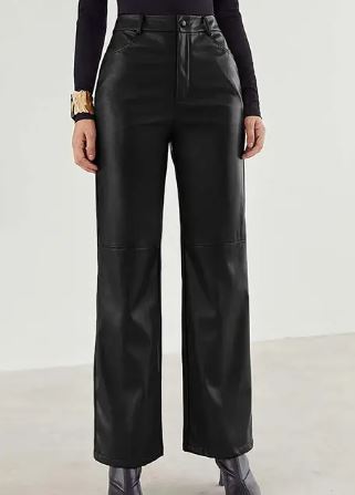 Pantalon femme en cuir – Taille haute à jambes larges avec poches pratiques