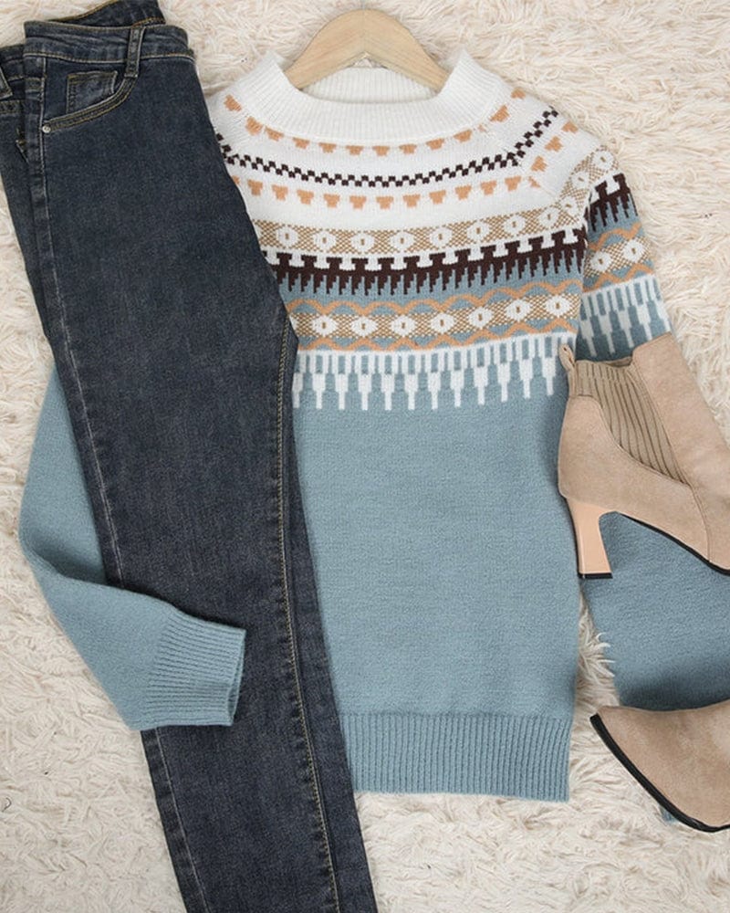 Pull femme jacquard Fair Isle – laine mélangée chaude & col rond